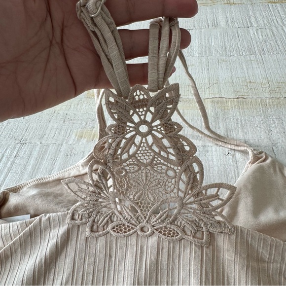 Aerie Ribbed Lace Racerback Tank Top NWT size Medium Beige Tan Cropped Cami - Picture 6 of 12